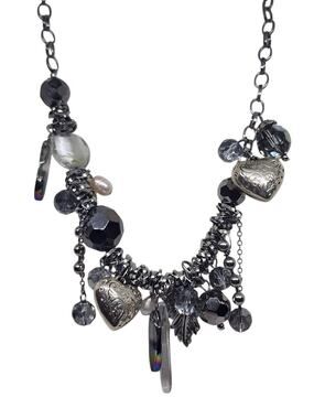 Vintage Charm Necklace Puffy Heart Crystal Faux Pearl Charm Hematite Statement